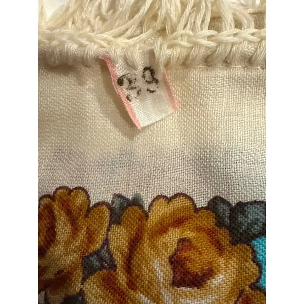 1970s Vintage Floral Hand-Knotted Fringe Shawl Scarf Boho Folk Cotton Wrap